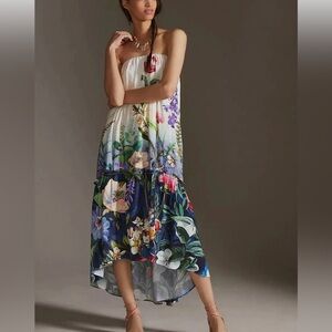 Anthropologie White & Navy Floral Strapless High-Low Midi Dress
